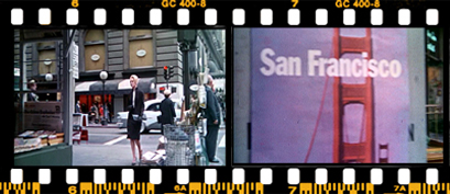 از چپ به راست: عبور ملانی از خیابان، عنوان سان فرانسیسکو روی یک تابلو