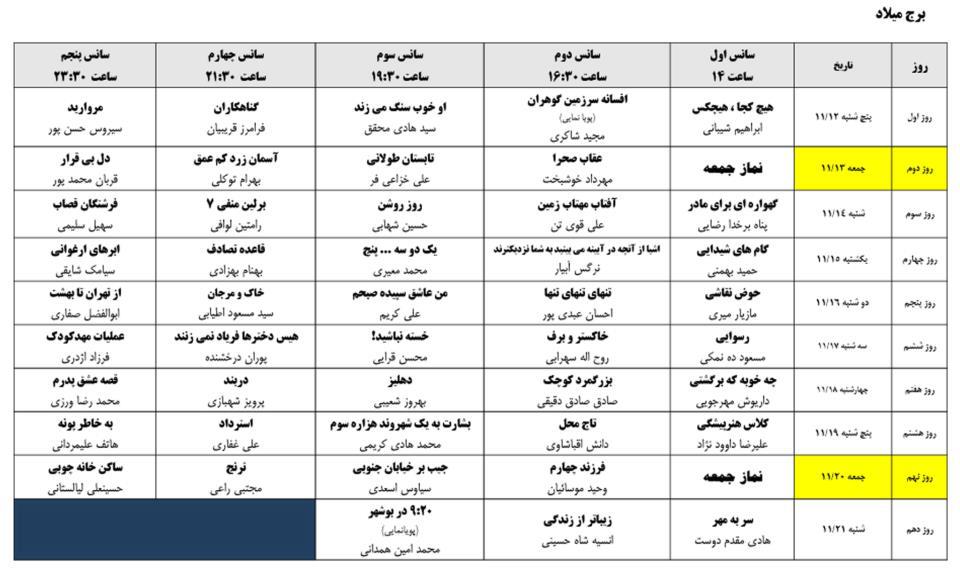 جدول نمایش فیلم های سی و یکمین جشنواره بین المللی فیلم فجر در برج میلاد