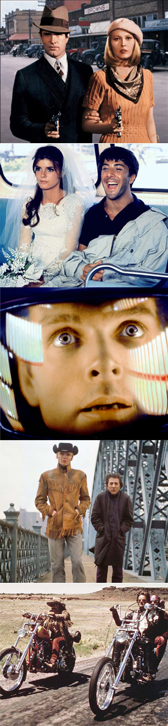 پنج فیلمی که در فاصله سالهای 1967 تا 1969 به دوران کلاسیسیم در سینمای آمریکا خاتمه دادند. از بالا: بانی و کلاید، فارغ التحصیل، یک ادیسه فضایی، کابوی نیمه شب، و ایزی رایدر